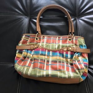 Stripped Multicolor RELIC Purse with tan leather.